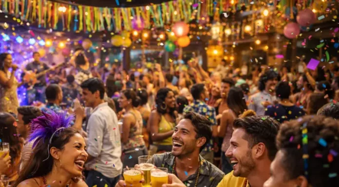 Grupo de amigos brinda com copos de cerveja em bar lotado durante festa de Carnaval, com confetes e decoração colorida ao fundo, ilustrando o aumento do movimento em bares e restaurantes no período.