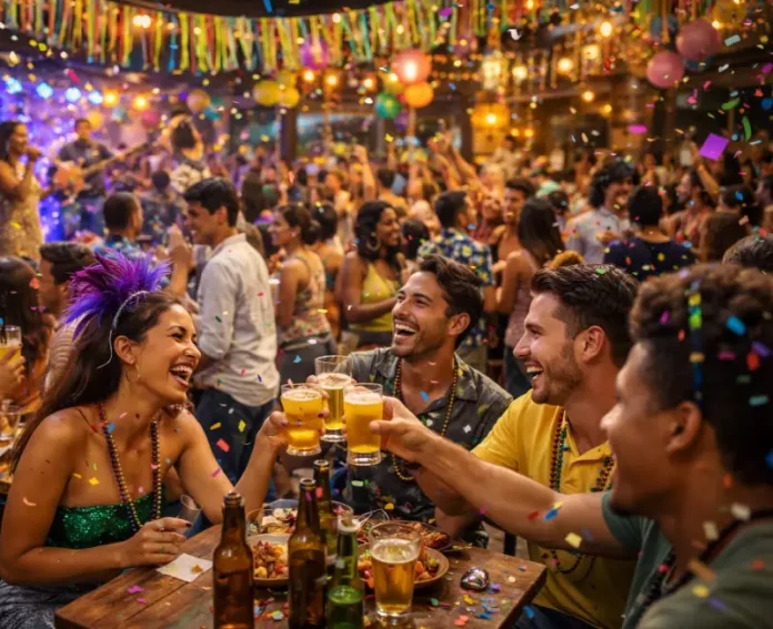 Grupo de amigos brinda com copos de cerveja em bar lotado durante festa de Carnaval, com confetes e decoração colorida ao fundo, ilustrando o aumento do movimento em bares e restaurantes no período.