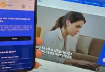 Aplicativo da Celesc exibido em um celular mostra a opção de pagamento da conta de luz com cartão de crédito, enquanto ao fundo aparece a Agência Web da companhia, ilustrando os canais digitais disponíveis para os clientes.