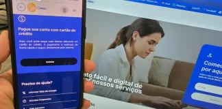 Aplicativo da Celesc exibido em um celular mostra a opção de pagamento da conta de luz com cartão de crédito, enquanto ao fundo aparece a Agência Web da companhia, ilustrando os canais digitais disponíveis para os clientes.