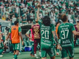 Jogadores da Chapecoense comemoram em campo após vitória no Campeonato Catarinense, com a torcida ao fundo na Arena Condá.