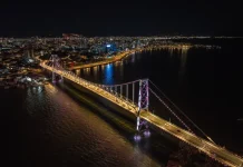 Imagem aérea noturna da Ponte Hercílio Luz iluminada, ligando o continente à Ilha de Santa Catarina, com a finalidade de ilustrar o principal cartão-postal de Florianópolis e destacar sua valorização turística e histórica.