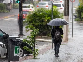 Fim de semana terá temporais, calor intenso e chuva persistente em Santa Catarina pessoa caminhando na chuva com guarda-chuva aberto, indicando a previsão do tempo de calor intenso e temporais