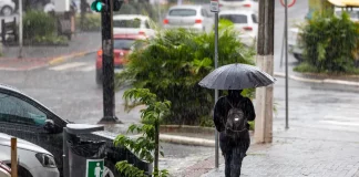 pessoa caminhando na chuva com guarda-chuva aberto, indicando a previsão do tempo de calor intenso e temporais