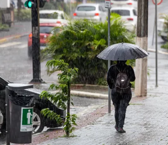 Fim de semana terá temporais, calor intenso e chuva persistente em Santa Catarina pessoa caminhando na chuva com guarda-chuva aberto, indicando a previsão do tempo de calor intenso e temporais