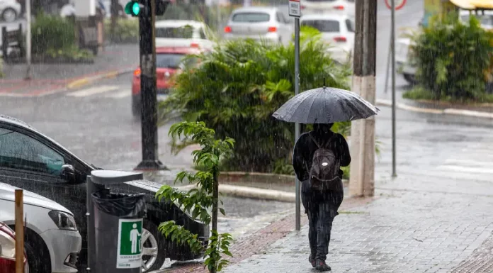 pessoa caminhando na chuva com guarda-chuva aberto, indicando a previsão do tempo de calor intenso e temporais