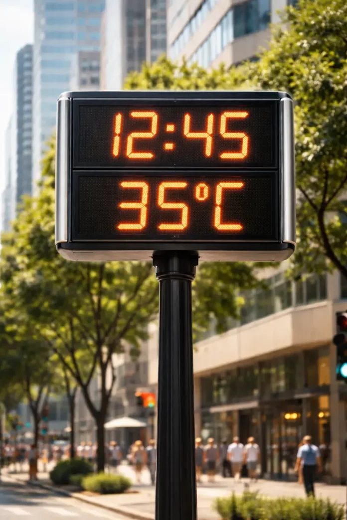 relógio Imagem gerada por IA / OpenAI (DALL·E), indicando calor de 35º