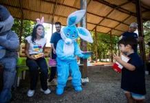 Representantes da Fundação Somar, incluindo um com fantasia de coelho, entregam chocolates a crianças, mostrando onde doar chocolate em Florianópolis durante a campanha de Páscoa.