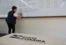 SC lança concurso público da Educação com até 10 mil vagas para quadro efetivo Professor escreve em quadro em sala de aula enquanto, em primeiro plano, aparece material da Secretaria de Educação de Santa Catarina, ilustrando o contexto do concurso público da rede estadual de ensino.