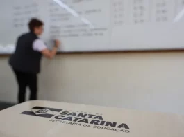 Professor escreve em quadro em sala de aula enquanto, em primeiro plano, aparece material da Secretaria de Educação de Santa Catarina, ilustrando o contexto do concurso público da rede estadual de ensino.