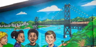 Mural de grafite no Jardim Botânico de Florianópolis retrata crianças e a Ponte Hercílio Luz, simbolizando a participação infantil em projeto de arte e cidadania.