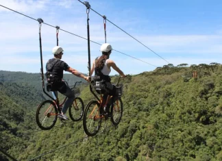 Duas pessoas praticam cicloturismo em cabo suspenso (skybike) sobre área de mata, ilustrando atividade de turismo de aventura com vista panorâmica e contato com a natureza.