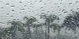 Gotas de chuva intensa sobre vidro com paisagem desfocada ao fundo, ilustrando o tempo instável e o volume elevado de precipitação em Santa Catarina.