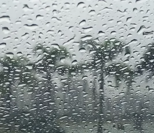 Gotas de chuva intensa sobre vidro com paisagem desfocada ao fundo, ilustrando o tempo instável e o volume elevado de precipitação em Santa Catarina.