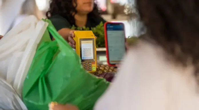 Cliente realiza pagamento por aproximação em maquininha enquanto funcionária entrega compras, ilustrando o movimento do comércio de Santa Catarina.