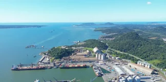 Vista aérea de complexo portuário em Santa Catarina, com navios atracados, armazéns e área de carga e descarga, ilustrando a atividade da Economia do Mar e sua importância para a logística e geração de empregos no estado.