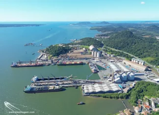 Vista aérea de complexo portuário em Santa Catarina, com navios atracados, armazéns e área de carga e descarga, ilustrando a atividade da Economia do Mar e sua importância para a logística e geração de empregos no estado.