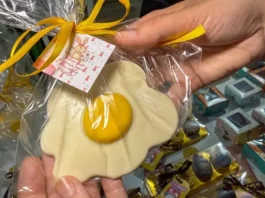 Páscoa deve impulsionar 34 mil pequenos negócios em SC, aponta estudo do Sebrae/SC Pessoa segura um doce artesanal em formato de ovo frito, embalado para presente, representando produtos criativos de pequenos negócios para a Páscoa.