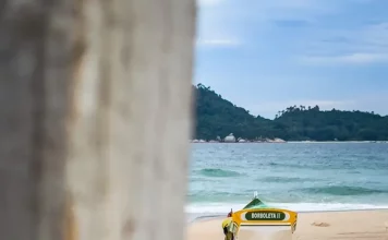Barco de pesca artesanal na faixa de areia, com o mar ao fundo, em Florianópolis, ilustrando o cenário da safra da tainha e a importância da atividade pesqueira no litoral.