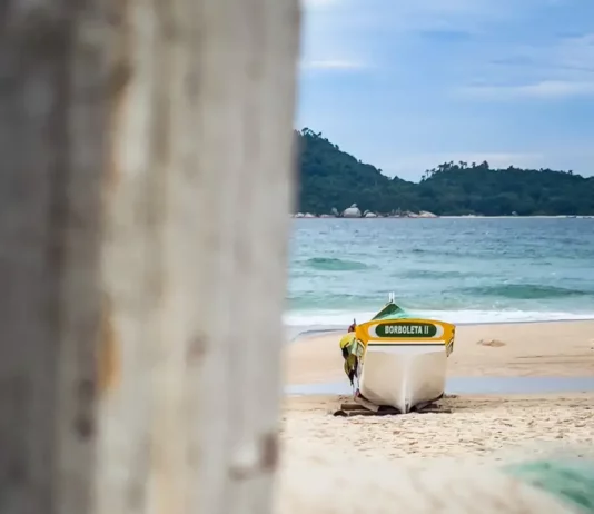 Barco de pesca artesanal na faixa de areia, com o mar ao fundo, em Florianópolis, ilustrando o cenário da safra da tainha e a importância da atividade pesqueira no litoral.