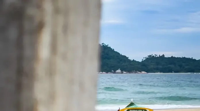 Barco de pesca artesanal na faixa de areia, com o mar ao fundo, em Florianópolis, ilustrando o cenário da safra da tainha e a importância da atividade pesqueira no litoral.