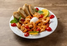 Prato do Festival Brasil Sabor com camarões salteados, burrata, tomates-cereja, pão e fatias de limão, destacando a gastronomia catarinense.