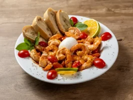 Prato do Festival Brasil Sabor com camarões salteados, burrata, tomates-cereja, pão e fatias de limão, destacando a gastronomia catarinense.
