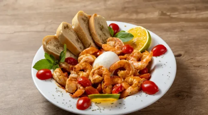 Prato do Festival Brasil Sabor com camarões salteados, burrata, tomates-cereja, pão e fatias de limão, destacando a gastronomia catarinense.
