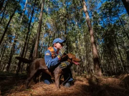 Cabo Josclei Tracz ao lado do cão Iron, representando os cães bombeiros do CBMSC em Santa Catarina durante atividades de busca e resgate.