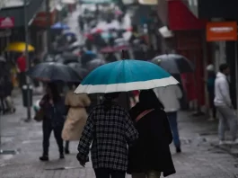 Chuva retorna a Santa Catarina no fim de semana e temperaturas seguem baixas Pessoas caminhando com guarda-chuvas no centro da cidade, mostrando que a chuva voltou no final de semana