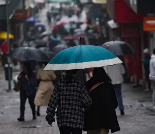 Chuva retorna a Santa Catarina no fim de semana e temperaturas seguem baixas Pessoas caminhando com guarda-chuvas no centro da cidade, mostrando que a chuva voltou no final de semana