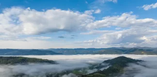 Vista aérea de uma região montanhosa de Santa Catarina coberta por nevoeiro e nuvens baixas ao amanhecer. A imagem mostra vegetação verde, morros e o céu parcialmente nublado, ilustrando o frio intenso e as condições típicas da massa de ar polar que atua no estado.