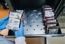 Profissional da saúde manuseia bolsas de sangue em unidade do Hemosc durante controle dos estoques, que estão em baixa em Santa Catarina.
