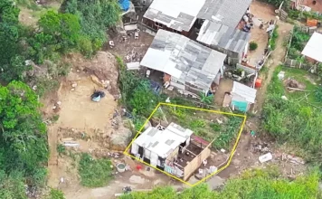 Área demarcada em uma encosta na Vila Aparecida, em Florianópolis, onde foram realizadas demolições de construções irregulares durante a Operação Solo Legal, com foco na fiscalização e prevenção de riscos ambientais e geológicos.