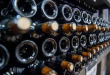 Garrafas de vinho armazenadas em adega representam o crescimento das vinícolas e da produção vitivinícola em Santa Catarina.