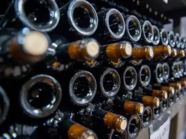 Garrafas de vinho armazenadas em adega representam o crescimento das vinícolas e da produção vitivinícola em Santa Catarina.