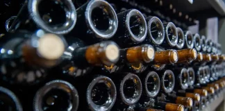 Garrafas de vinho armazenadas em adega representam o crescimento das vinícolas e da produção vitivinícola em Santa Catarina.