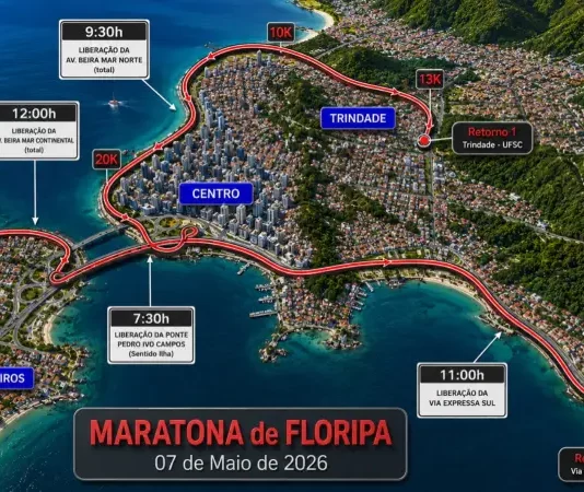 Mapa com as alterações de trânsito da Maratona Internacional de Floripa