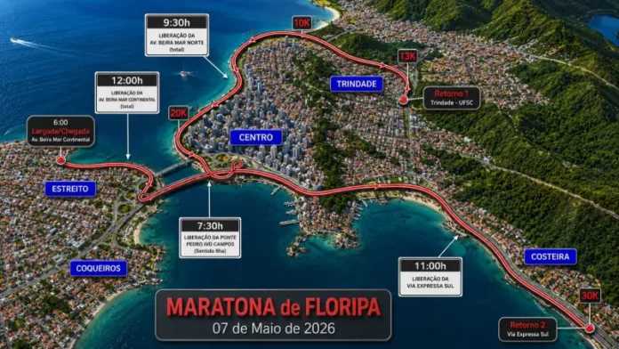 Mapa com as alterações de trânsito da Maratona Internacional de Floripa