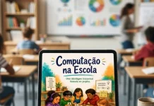 Tablet exibindo a capa do e-book “Computação na Escola”, material sobre ensino de computação na educação básica.