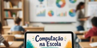 Tablet exibindo a capa do e-book “Computação na Escola”, material sobre ensino de computação na educação básica.