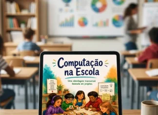 Tablet exibindo a capa do e-book “Computação na Escola”, material sobre ensino de computação na educação básica.