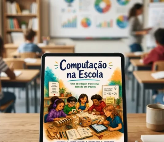 Tablet exibindo a capa do e-book “Computação na Escola”, material sobre ensino de computação na educação básica.