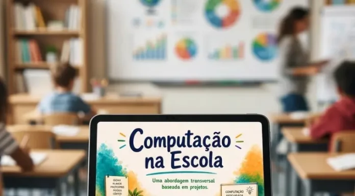 Tablet exibindo a capa do e-book “Computação na Escola”, material sobre ensino de computação na educação básica.