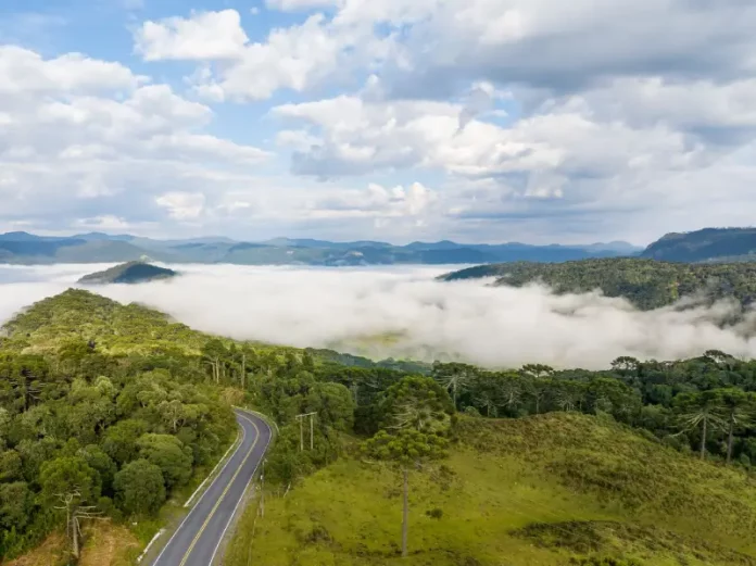 Vista panorâmica de montanhas e áreas de vegetação em Santa Catarina, com neblina cobrindo os vales e uma estrada atravessando a paisagem sob céu com nuvens. A imagem ilustra a atuação de uma massa de ar frio no estado, responsável pela manutenção do tempo firme e pela queda das temperaturas ao longo da semana.