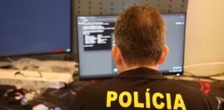 Agente da Polícia Federal trabalhando em frente a uma tela de computador