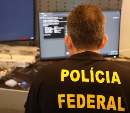 Agente da Polícia Federal trabalhando em frente a uma tela de computador