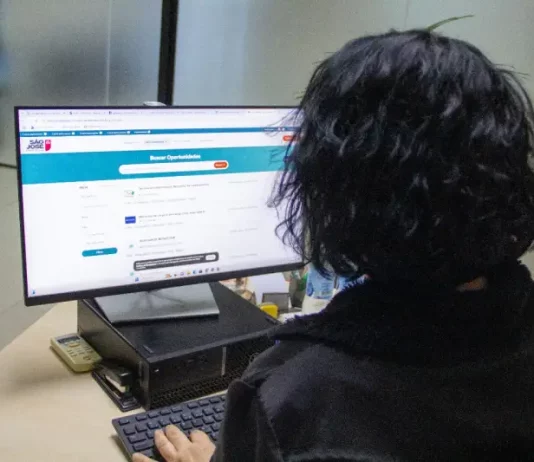 Foto de uma mulher em frente a uma tela de computador acessando a plataforma São José + Empregos