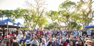 Foto mostra pessoas sentadas em área do Jardim Botânico prestigiando o Festival Tanabata Matsuri