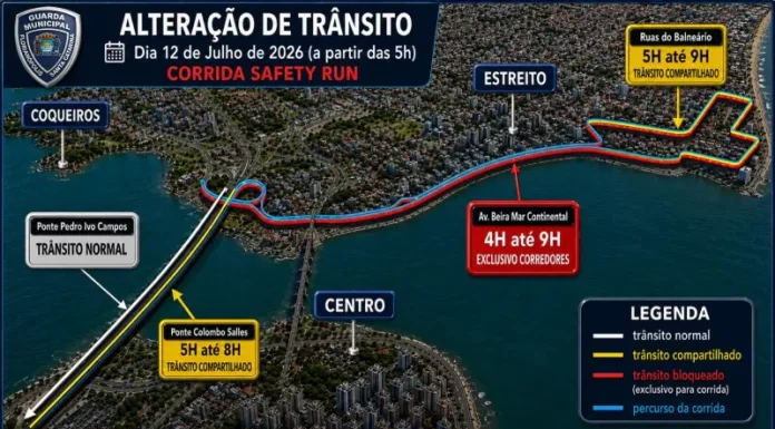 Mapa com as alterações de trânsito para a corrida Safety Run